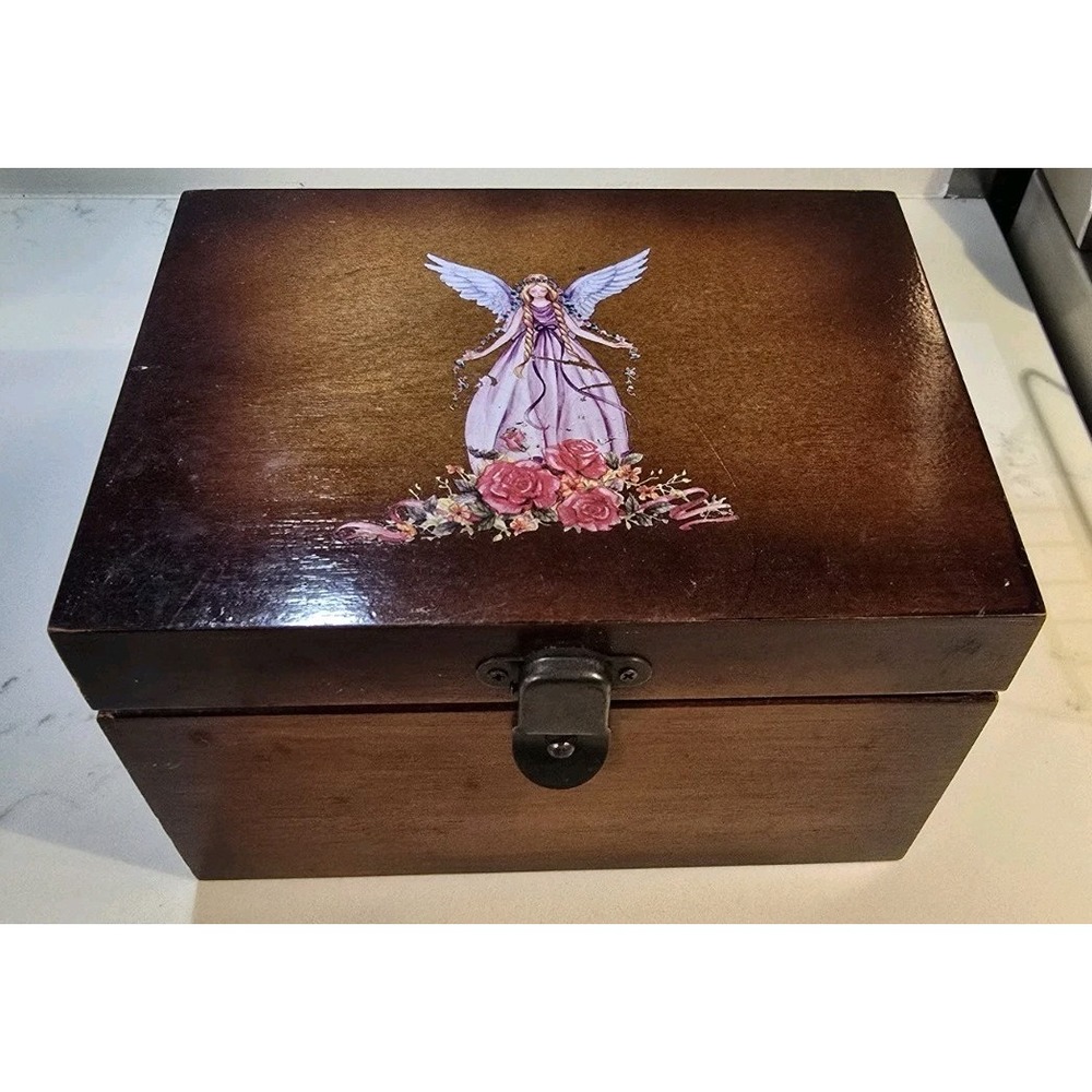 Vintage Style Decoupage Angel & Roses Wooden Keepsake Box – Hinged Trinket Chest